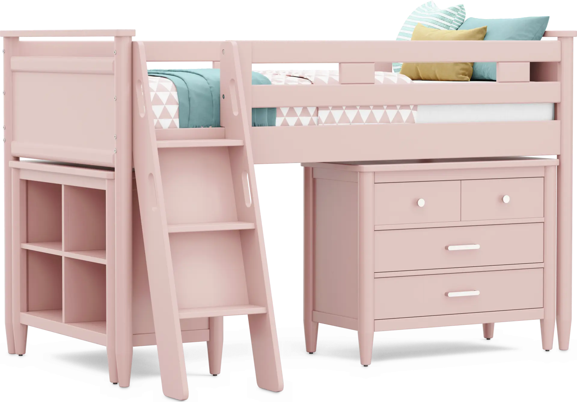 Kids Modern Colors Pink Twin Loft with Loft Chest and Bookcase