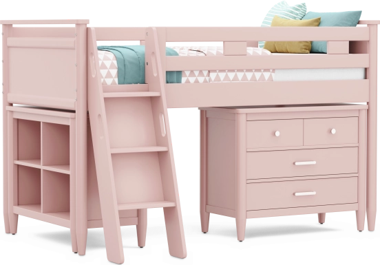 Kids Modern Colors Pink Twin Loft with Loft Chest and Bookcase