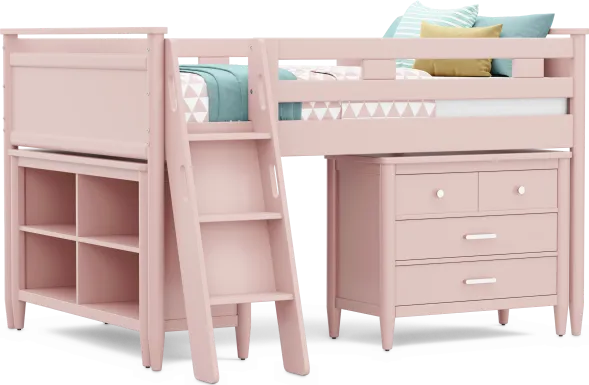 Kids Modern Colors Pink Full Loft with Loft Chest and Bookcase