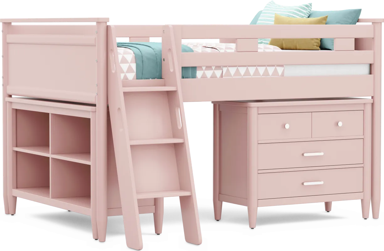 Kids Modern Colors Pink Full Loft with Loft Chest and Bookcase