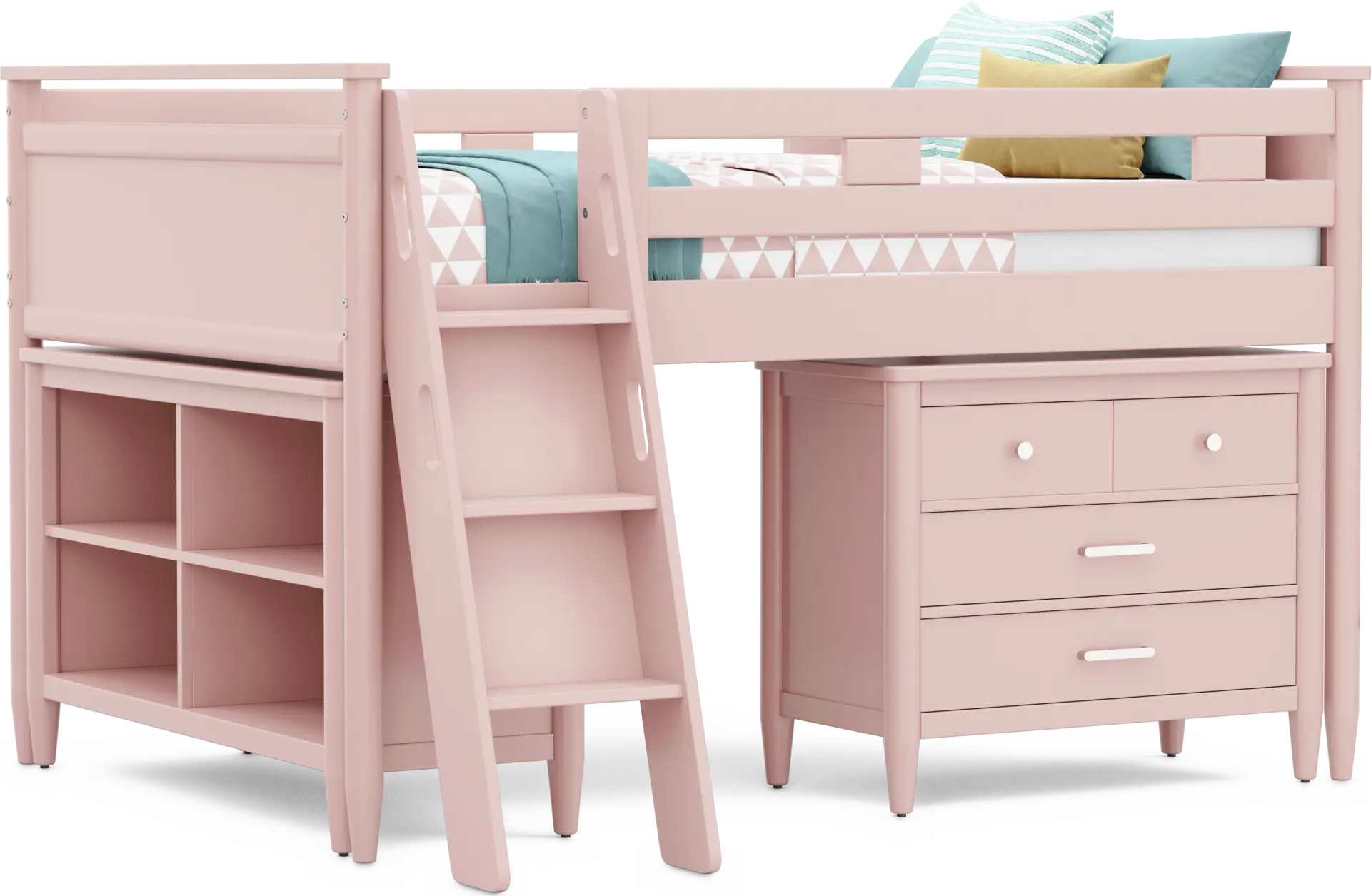 Kids Modern Colors Pink Full Loft with Loft Chest and Bookcase