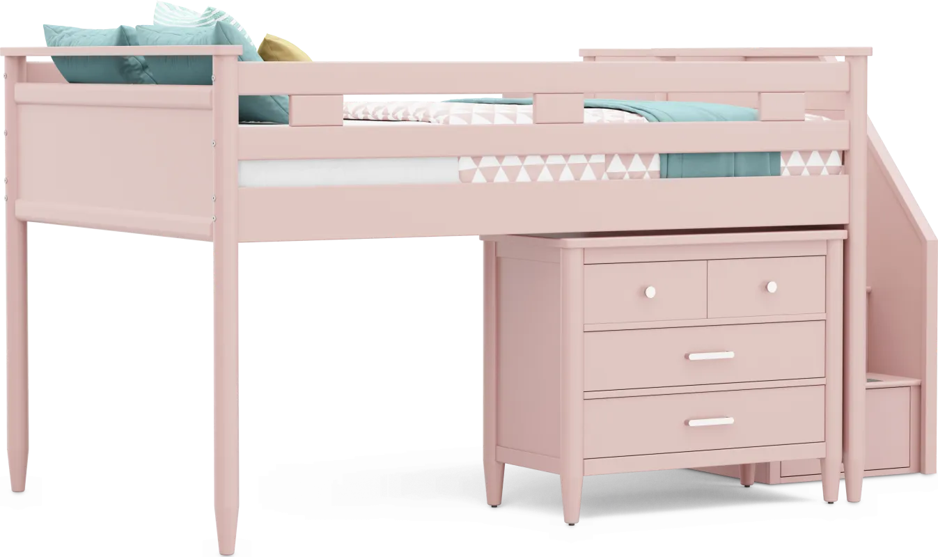 Kids Modern Colors Pink Full Step Loft with Loft Chest