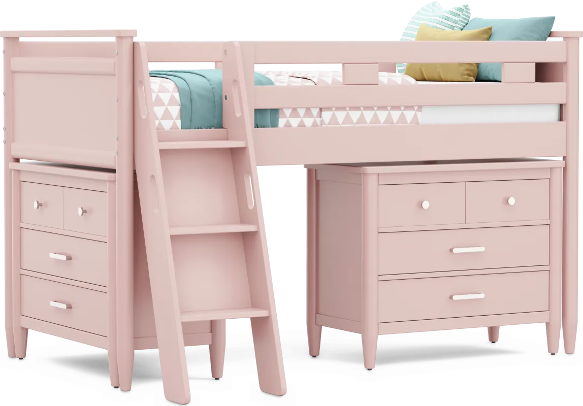 Kids Modern Colors Pink Twin Loft with Loft Chests