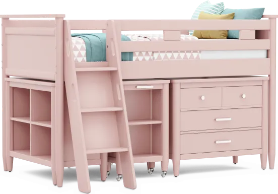 Kids Modern Colors Pink Twin Loft with Loft Chest, Bookcase and Desk