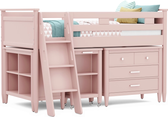 Kids Modern Colors Pink Twin Loft with Loft Chest, Bookcase and Desk