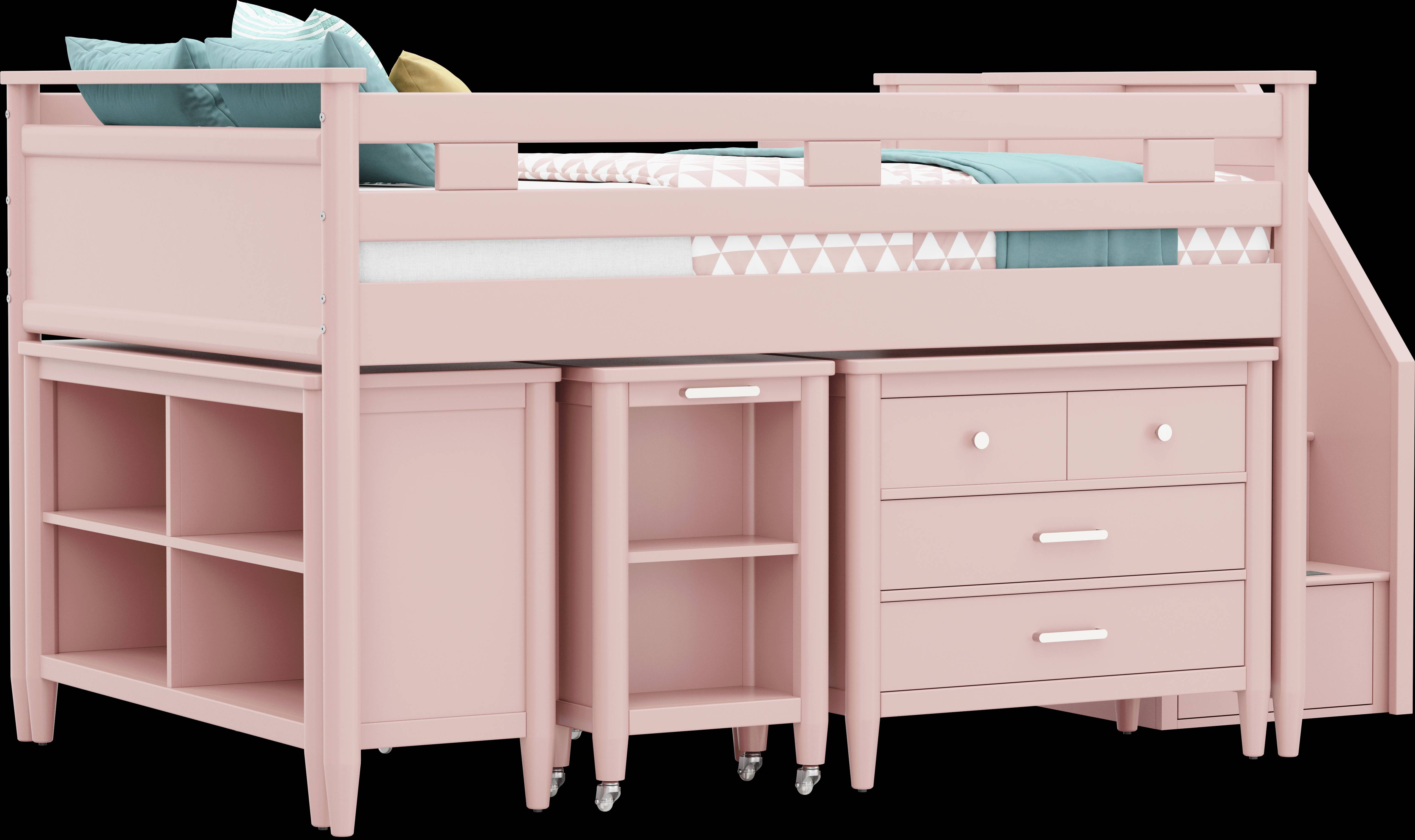 Kids Modern Colors Pink Full Step Loft with Loft Chest, Bookcase and Desk - Thumbnail - Image 1