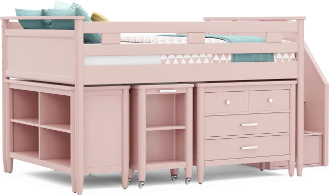 Kids Modern Colors Pink Full Step Loft with Loft Chest, Bookcase and Desk