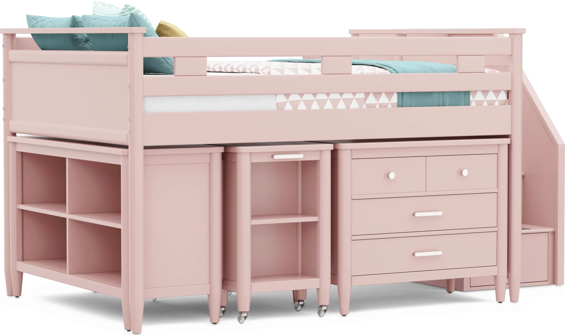 Kids Modern Colors Pink Full Step Loft with Loft Chest, Bookcase and Desk - Image 1