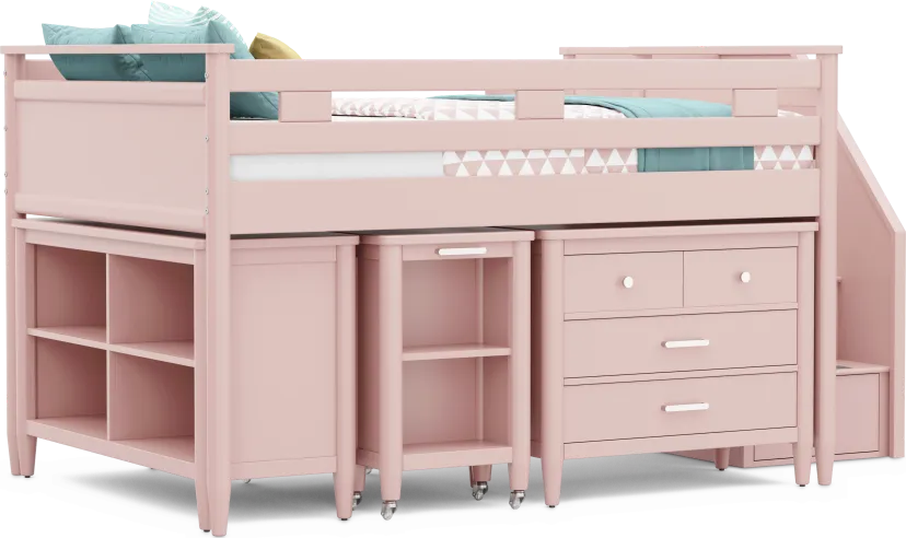 Kids Modern Colors Pink Full Step Loft with Loft Chest, Bookcase and Desk