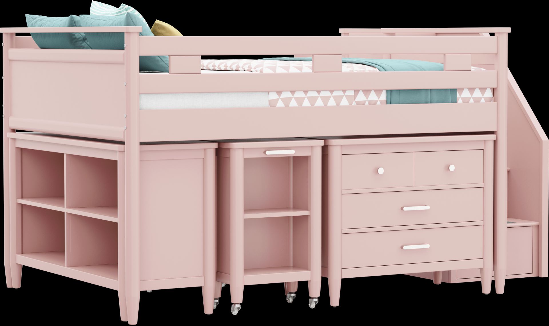 Kids Modern Colors Pink Full Step Loft with Loft Chest, Bookcase and Desk - Image 1