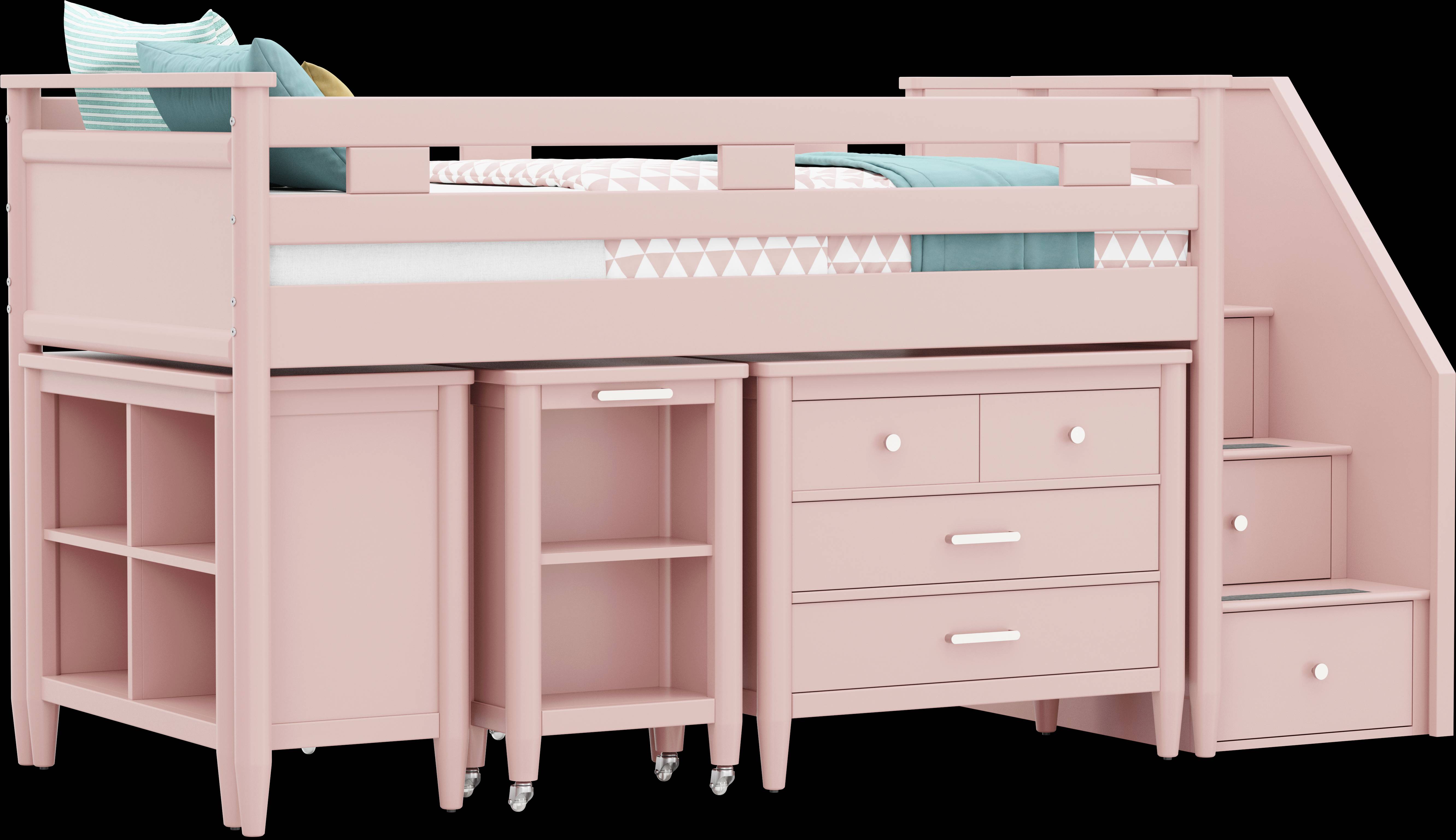 Kids Modern Colors Pink Twin Step Loft with Loft Chest, Bookcase and Desk - Thumbnail - Image 1
