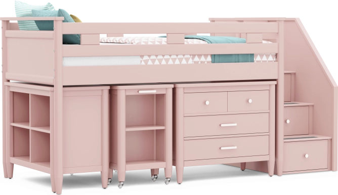 Kids Modern Colors Pink Twin Step Loft with Loft Chest, Bookcase and Desk