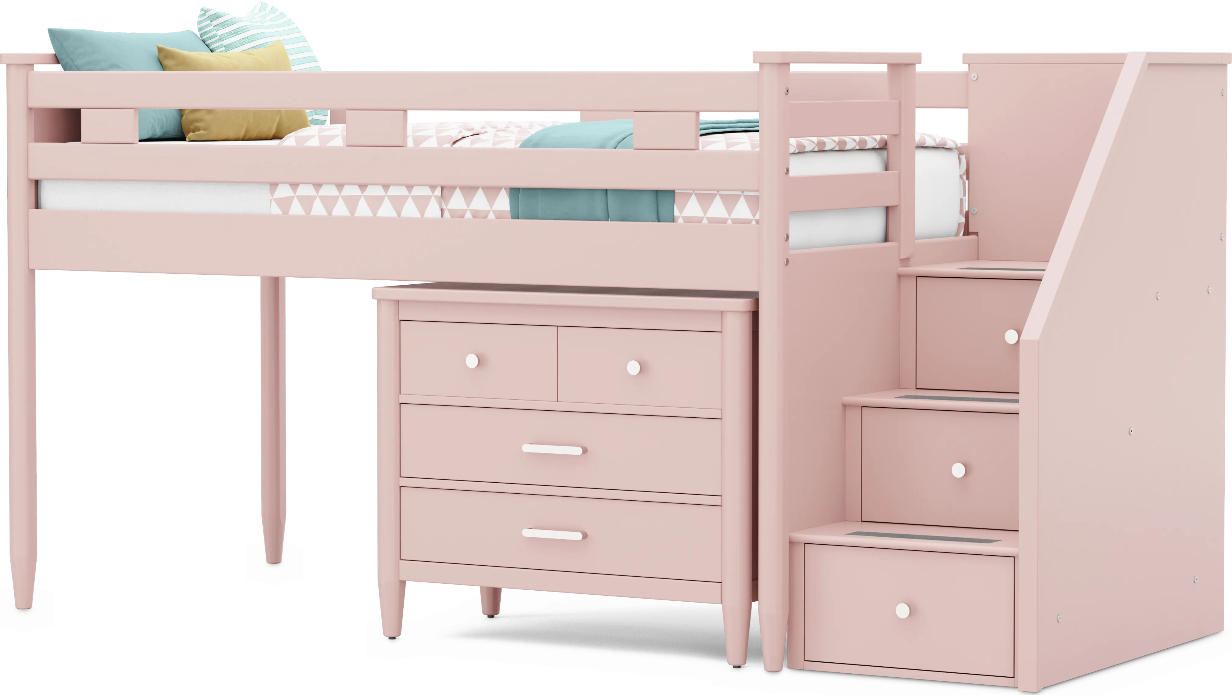 Kids Modern Colors Pink Twin Step Loft with Loft Chest