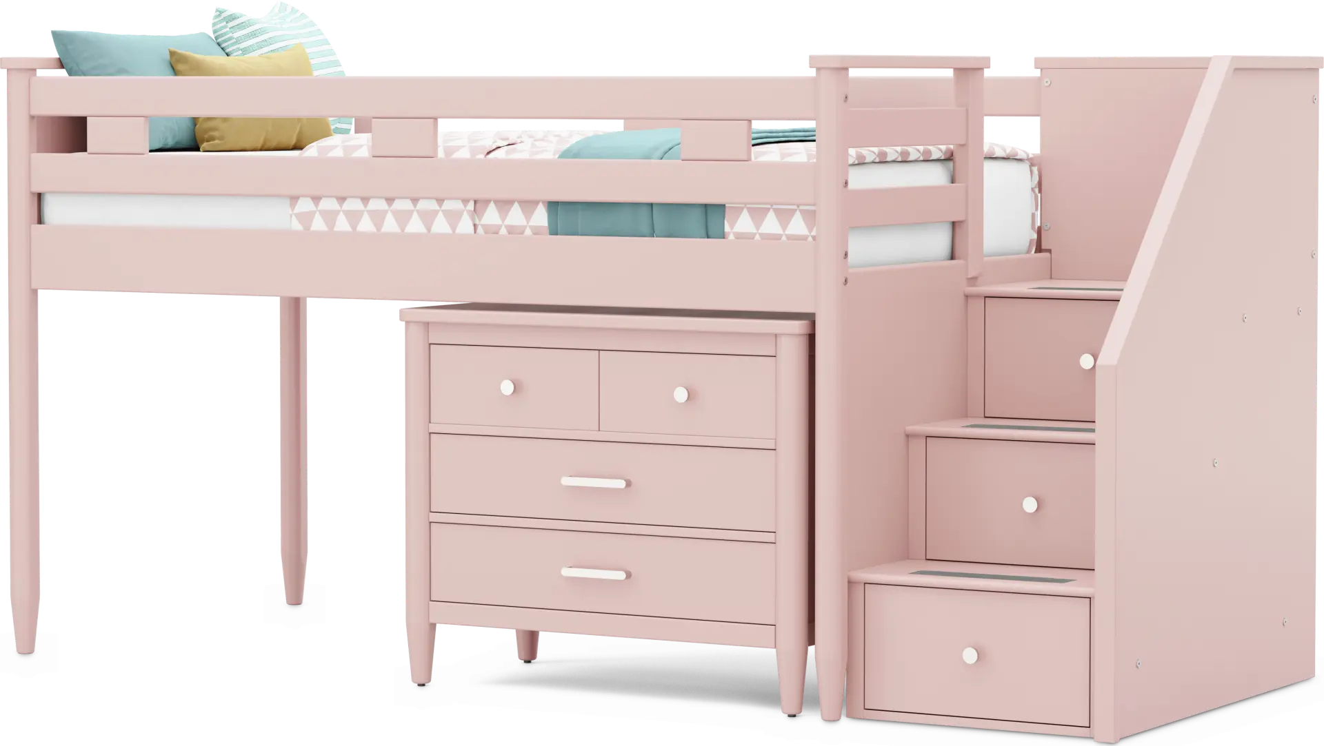 Kids Modern Colors Pink Twin Step Loft with Loft Chest