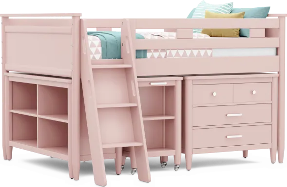 Kids Modern Colors Pink Full Loft with Loft Chest, Bookcase and Desk
