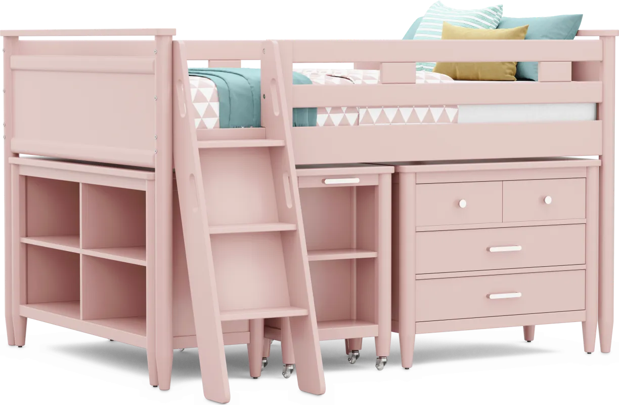 Kids Modern Colors Pink Full Loft with Loft Chest, Bookcase and Desk