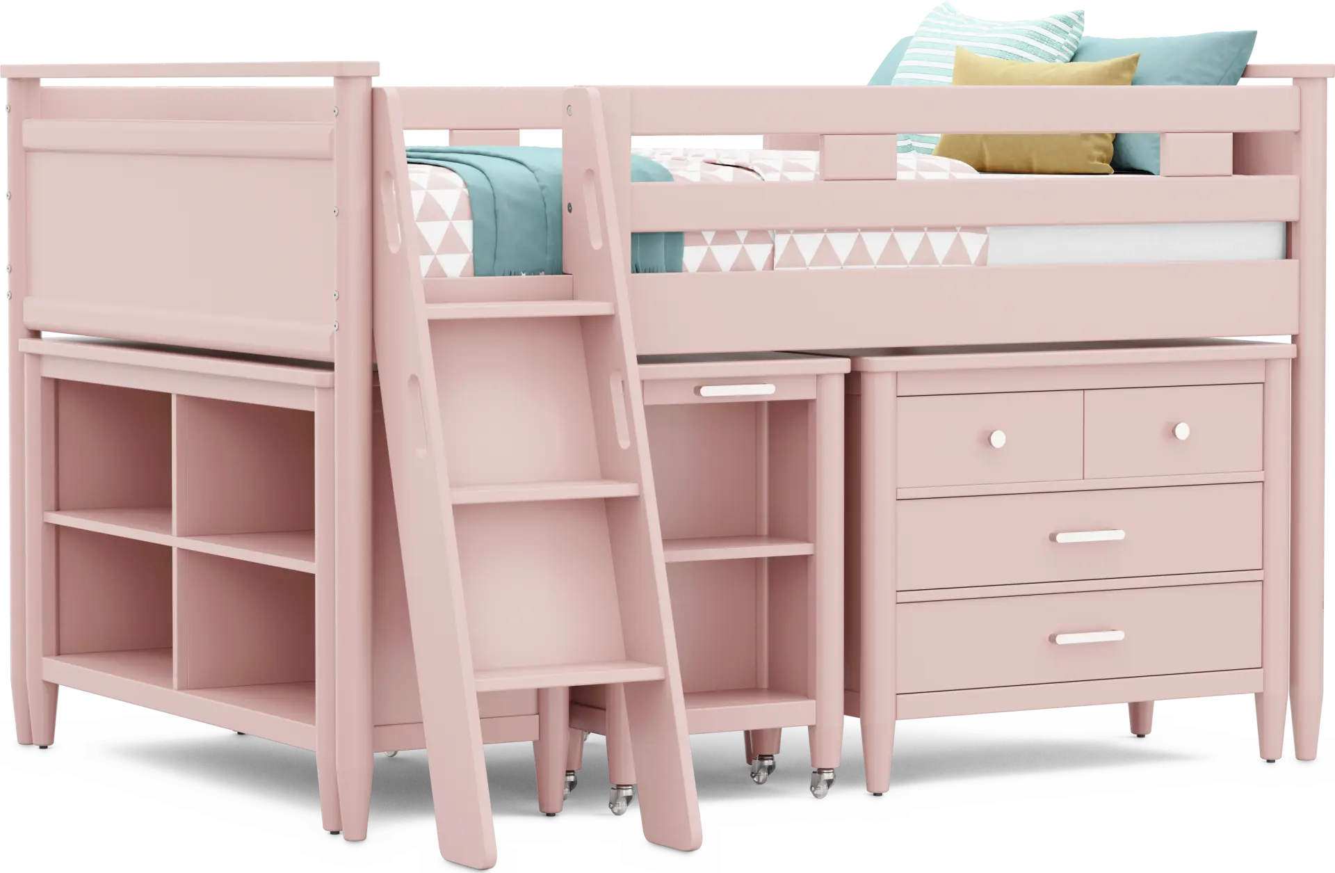 Kids Modern Colors Pink Full Loft with Loft Chest, Bookcase and Desk