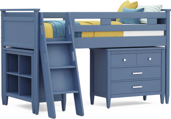Kids Modern Colors Slate Blue Twin Loft with Loft Chest and Bookcase