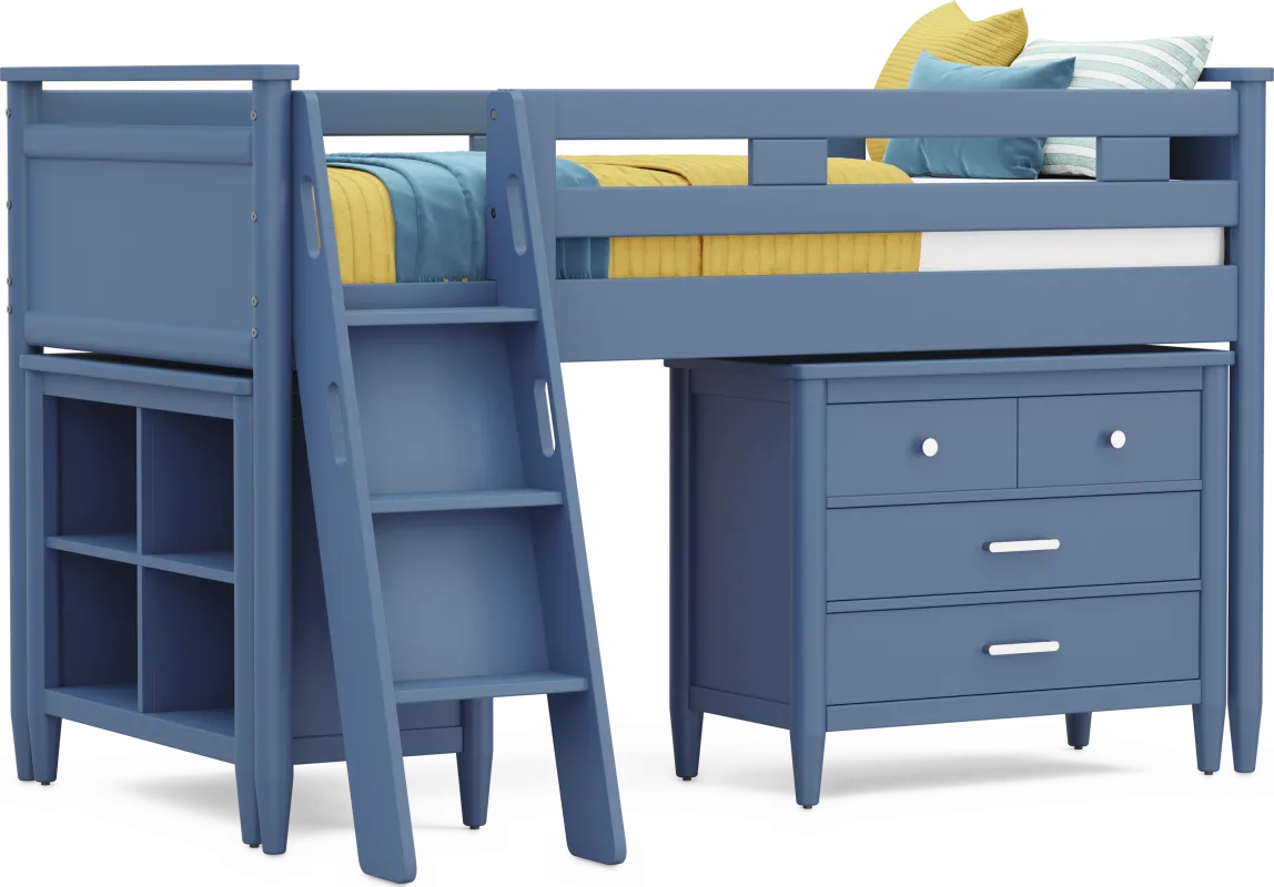 Kids Modern Colors Slate Blue Twin Loft with Loft Chest and Bookcase