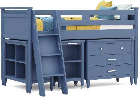 Kids Modern Colors Slate Blue Twin Loft with Loft Chest, Bookcase and Desk