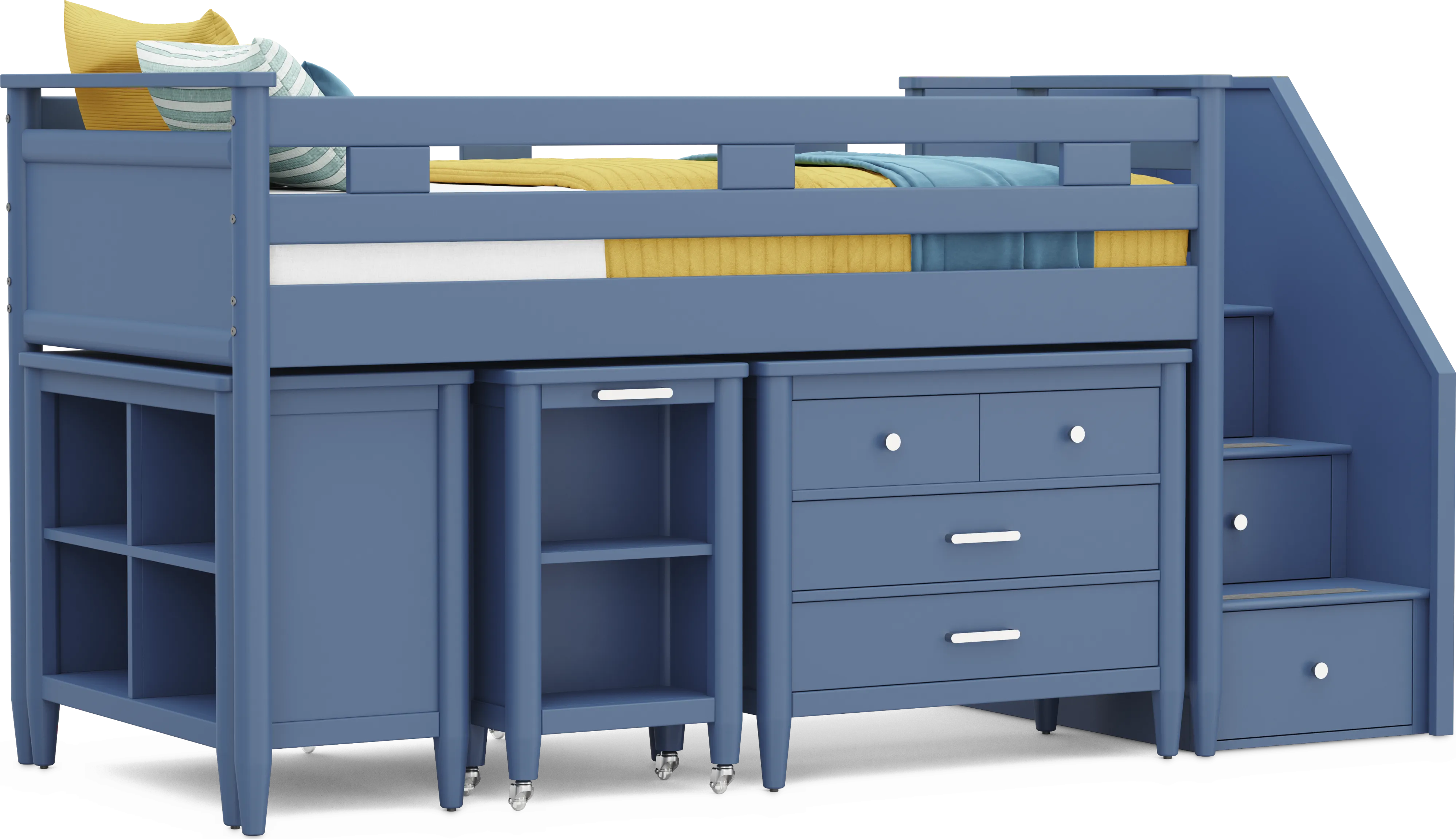 Kids Modern Colors Slate Blue Twin Step Loft with Loft Chest, Bookcase and Desk - Thumbnail - Image 1