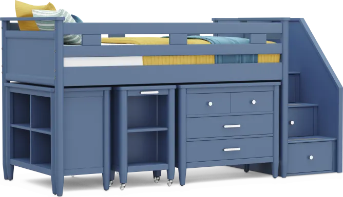 Kids Modern Colors Slate Blue Twin Step Loft with Loft Chest, Bookcase and Desk