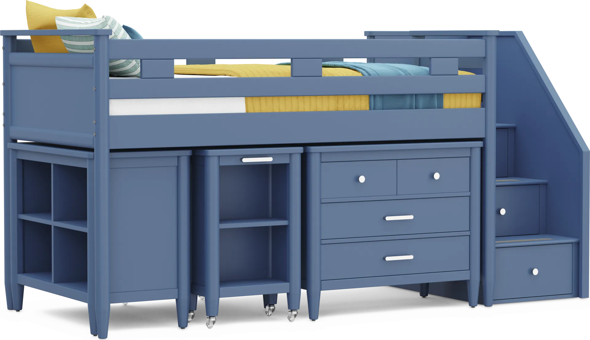 Kids Modern Colors Slate Blue Twin Step Loft with Loft Chest, Bookcase and Desk - Image 1