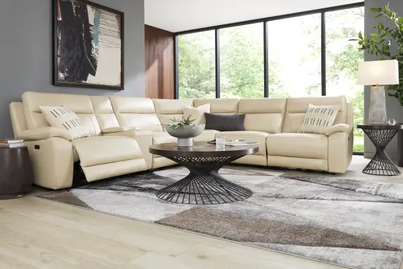 Delaney Point Beige Leather 6 Pc Power Reclining Sectional