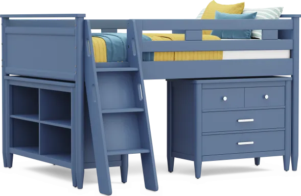 Kids Modern Colors Slate Blue Full Loft with Loft Chest and Bookcase