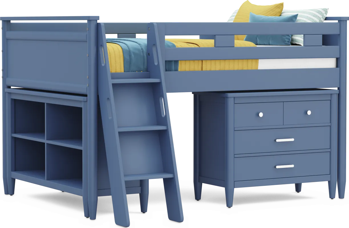Kids Modern Colors Slate Blue Full Loft with Loft Chest and Bookcase