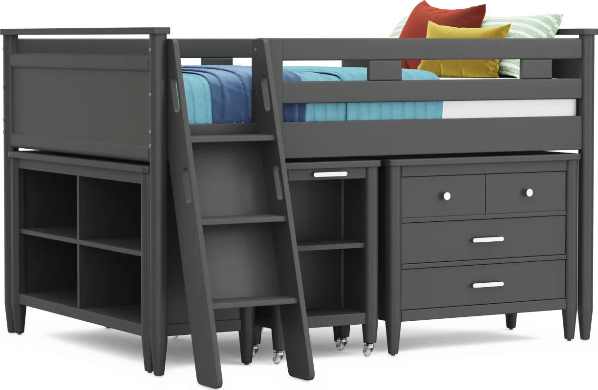 Kids Modern Colors Iron Ore Full Loft with Loft Chest, Bookcase and Desk
