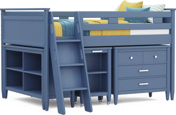 Kids Modern Colors Slate Blue Full Loft Bed with Loft Chest, Bookcase and Desk