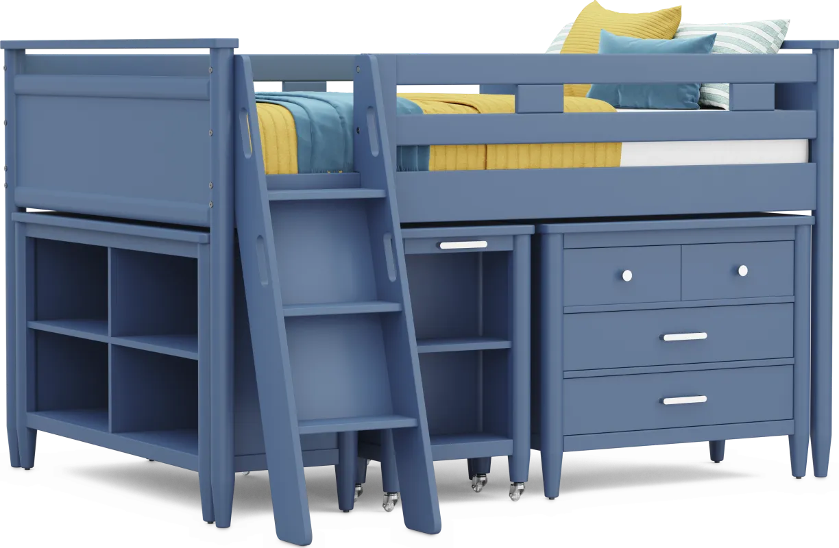 Kids Modern Colors Slate Blue Full Loft Bed with Loft Chest, Bookcase and Desk