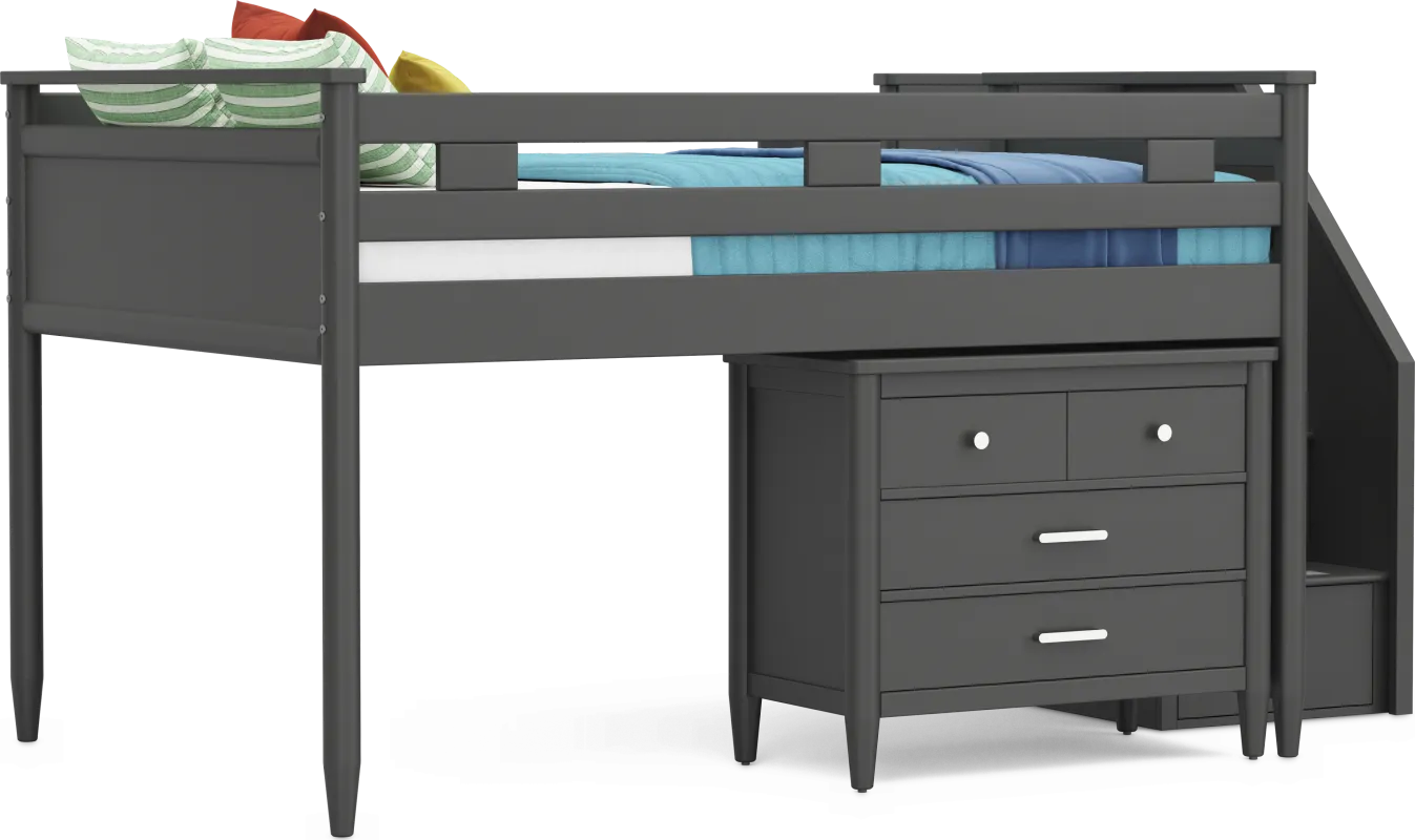 Kids Modern Colors Iron Ore Full Step Loft with Loft Chest