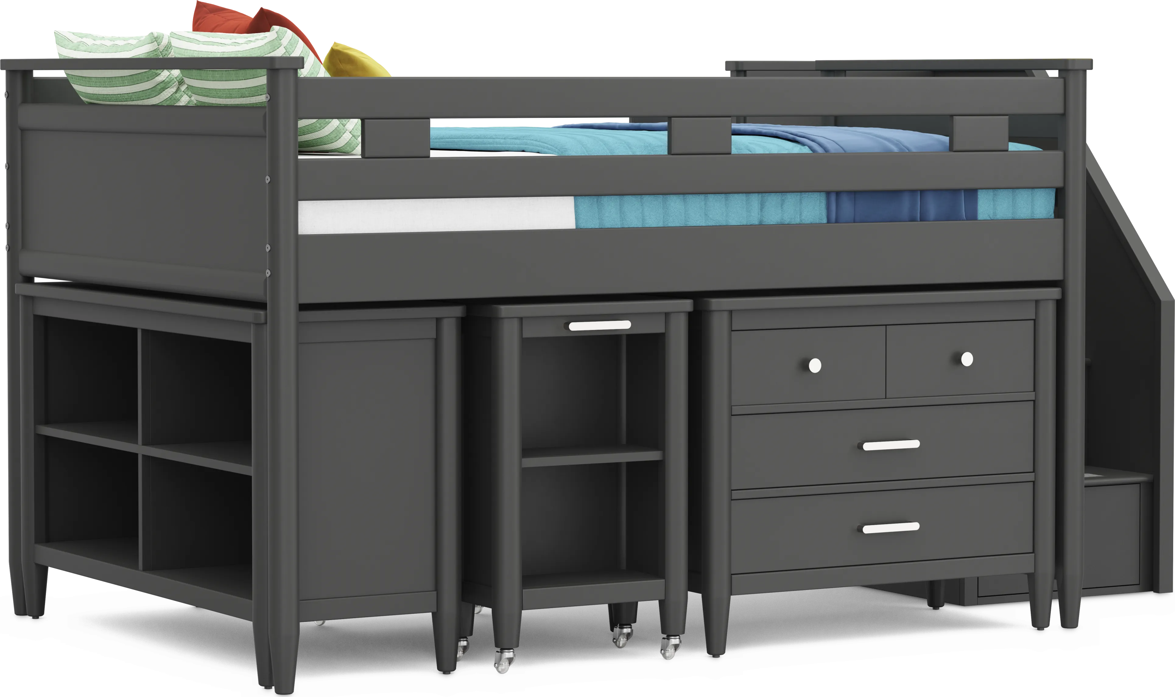 Kids Modern Colors Iron Ore Full Step Loft with Loft Chest, Bookcase and Desk - Thumbnail - Image 1
