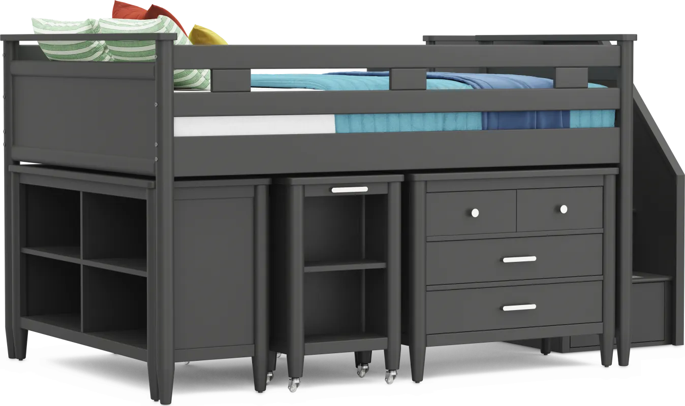 Kids Modern Colors Iron Ore Full Step Loft with Loft Chest, Bookcase and Desk