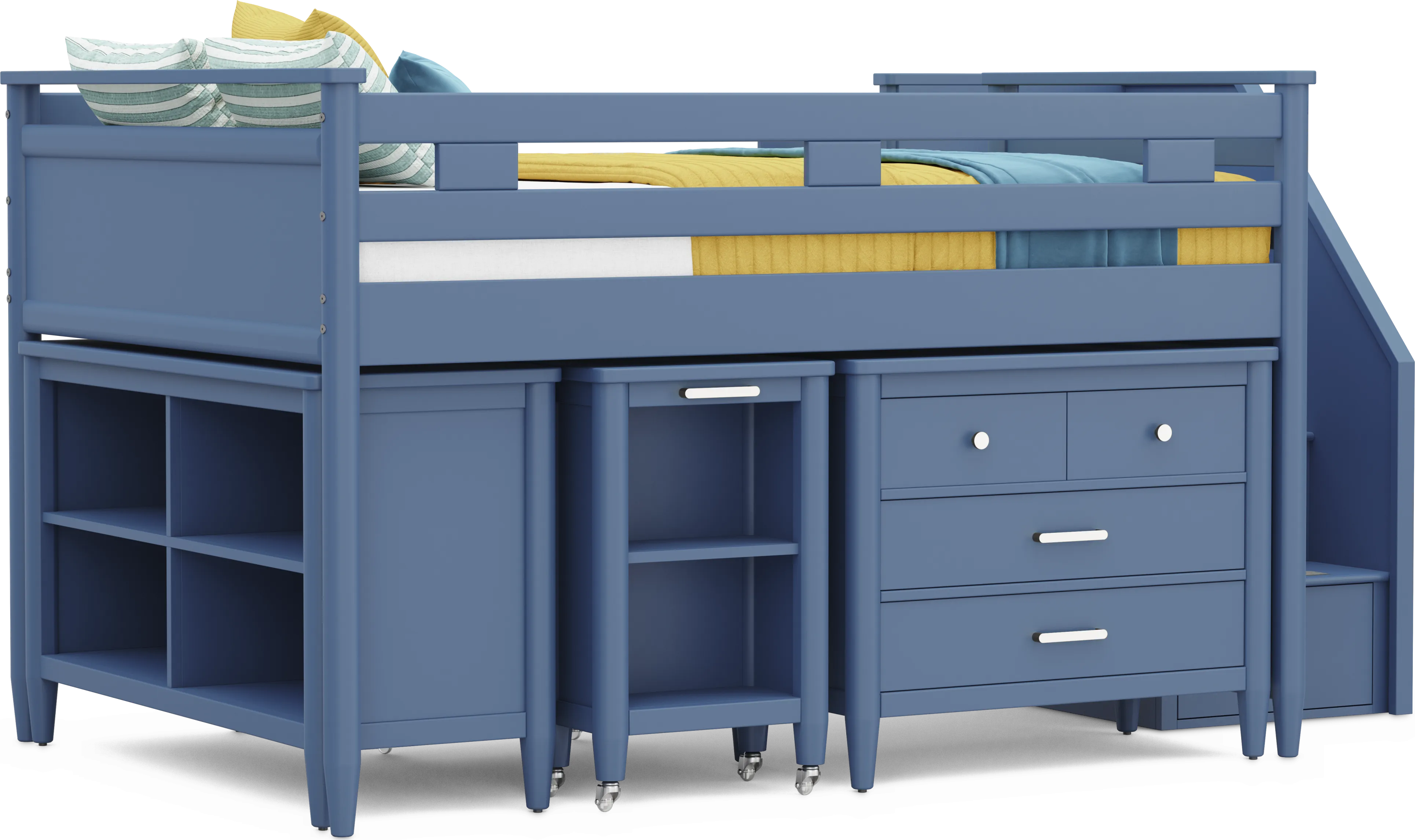 Kids Modern Colors Slate Blue Full Step Loft with Loft Chest, Bookcase and Desk - Thumbnail - Image 1