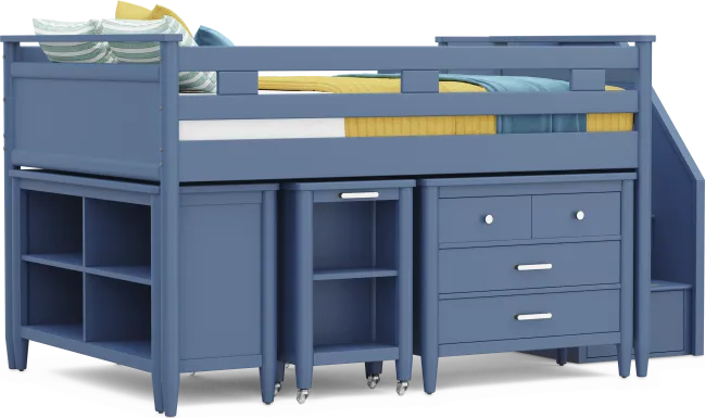 Kids Modern Colors Slate Blue Full Step Loft with Loft Chest, Bookcase and Desk