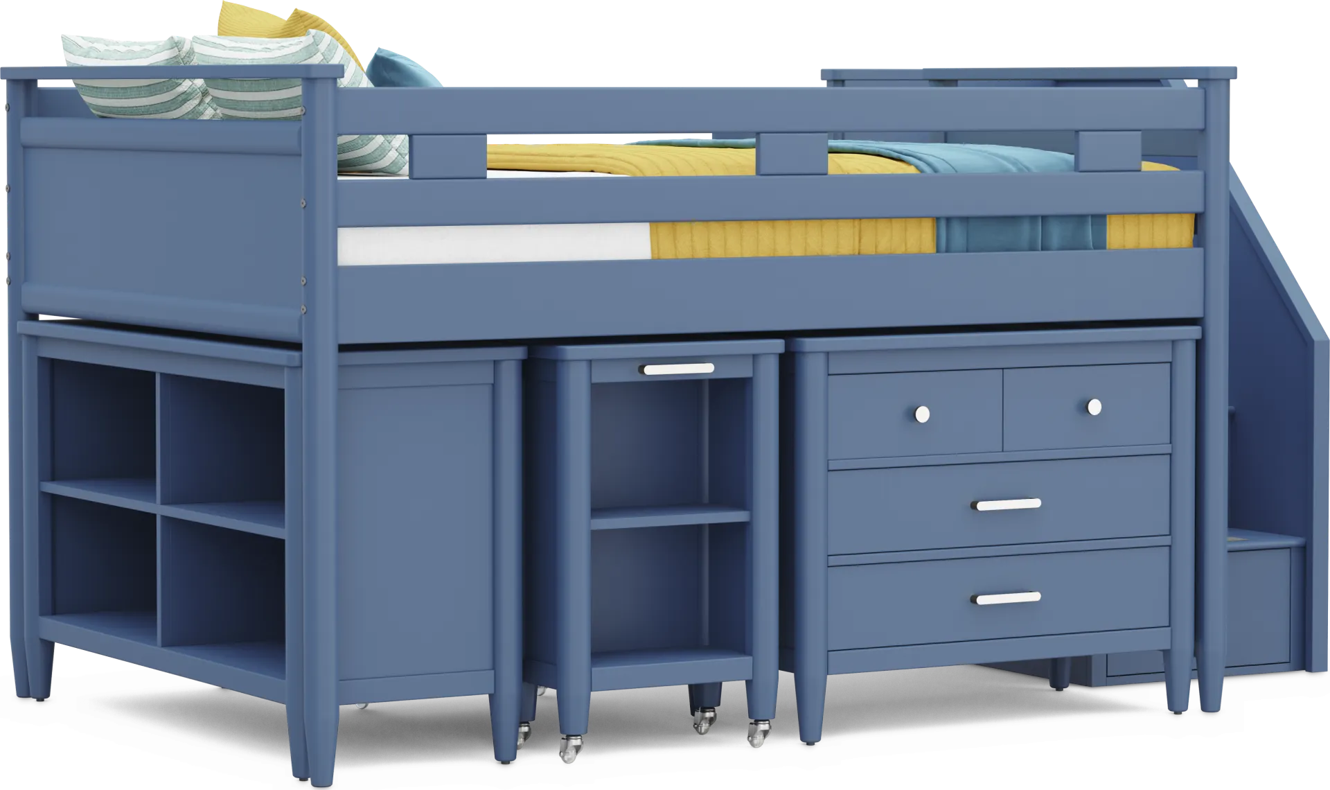 Kids Modern Colors Slate Blue Full Step Loft with Loft Chest, Bookcase and Desk - Image 1