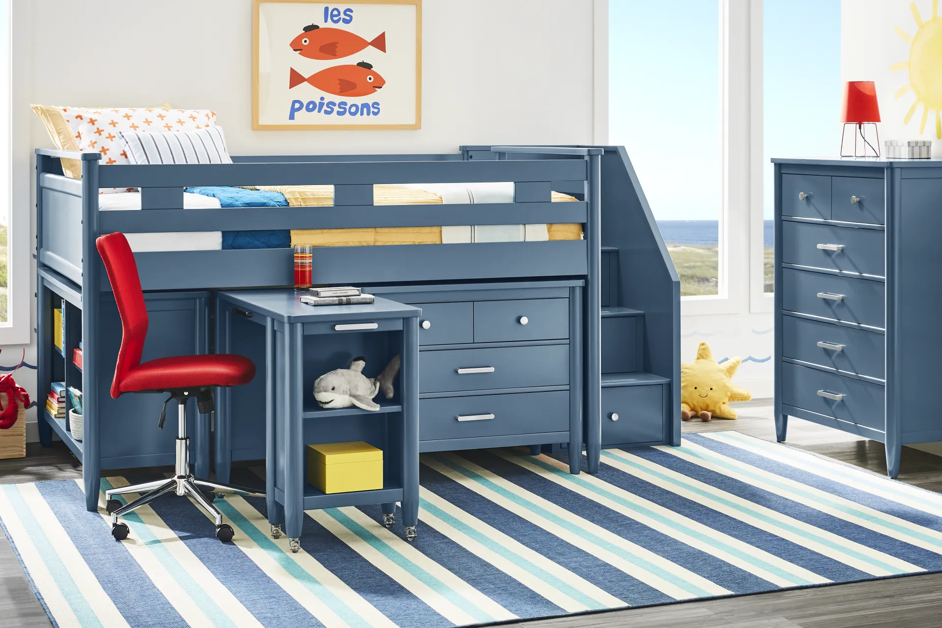 Kids Modern Colors Slate Blue Full Step Loft with Loft Chest and Desk - Image 1