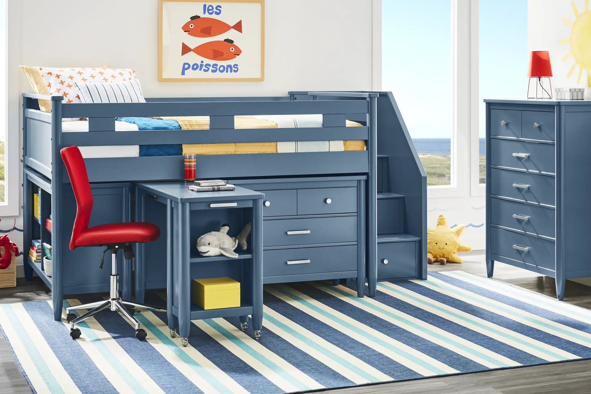 Kids Modern Colors Slate Blue Full Step Loft with Loft Chest, Bookcase and Desk