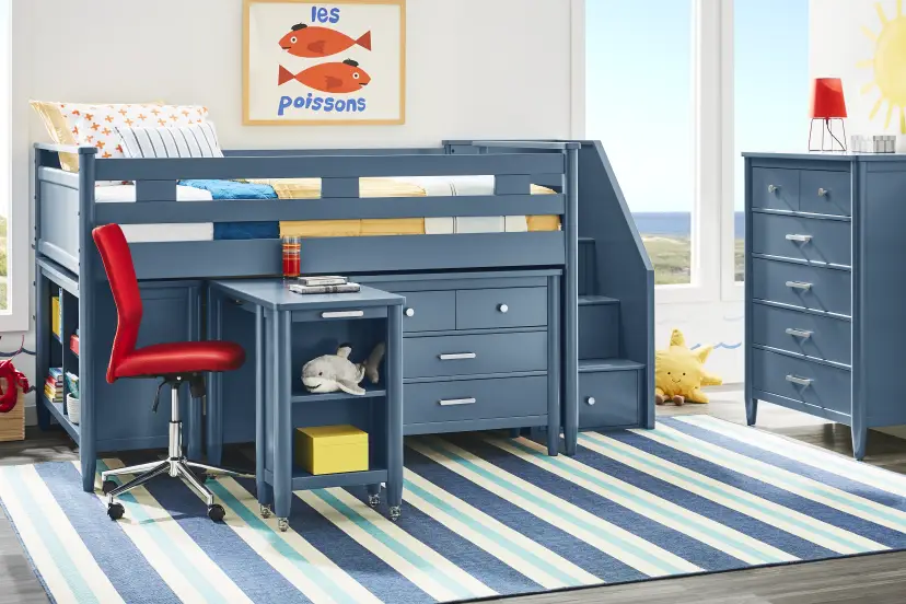 Kids Modern Colors Slate Blue Twin Step Loft with Loft Chest and Desk