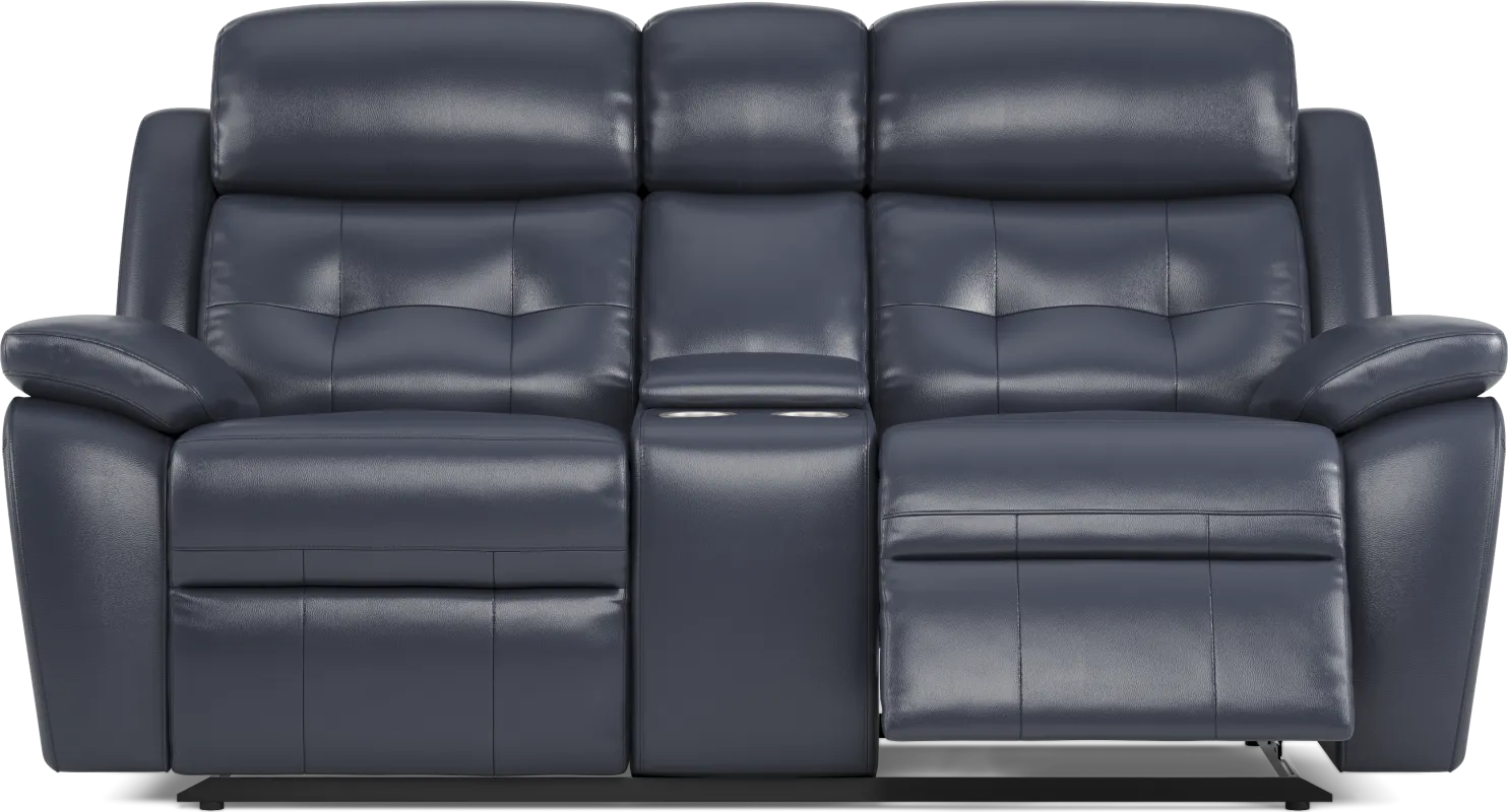Antonin Blue Leather Reclining Console Loveseat