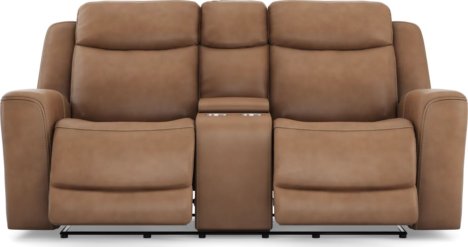 Davidson Caramel Leather Dual Power Reclining Console Loveseat