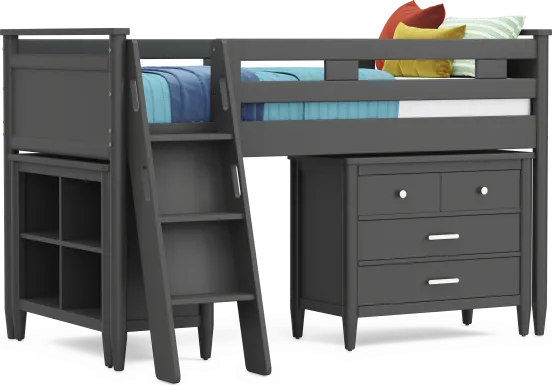 Kids Modern Colors Iron Ore Twin Loft with Loft Chest and Bookcase