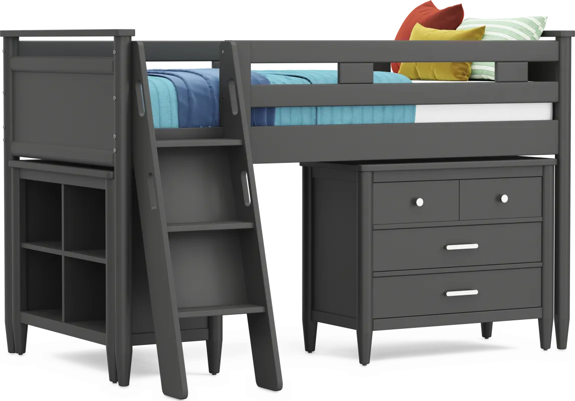 Kids Modern Colors Iron Ore Twin Loft with Loft Chest and Bookcase