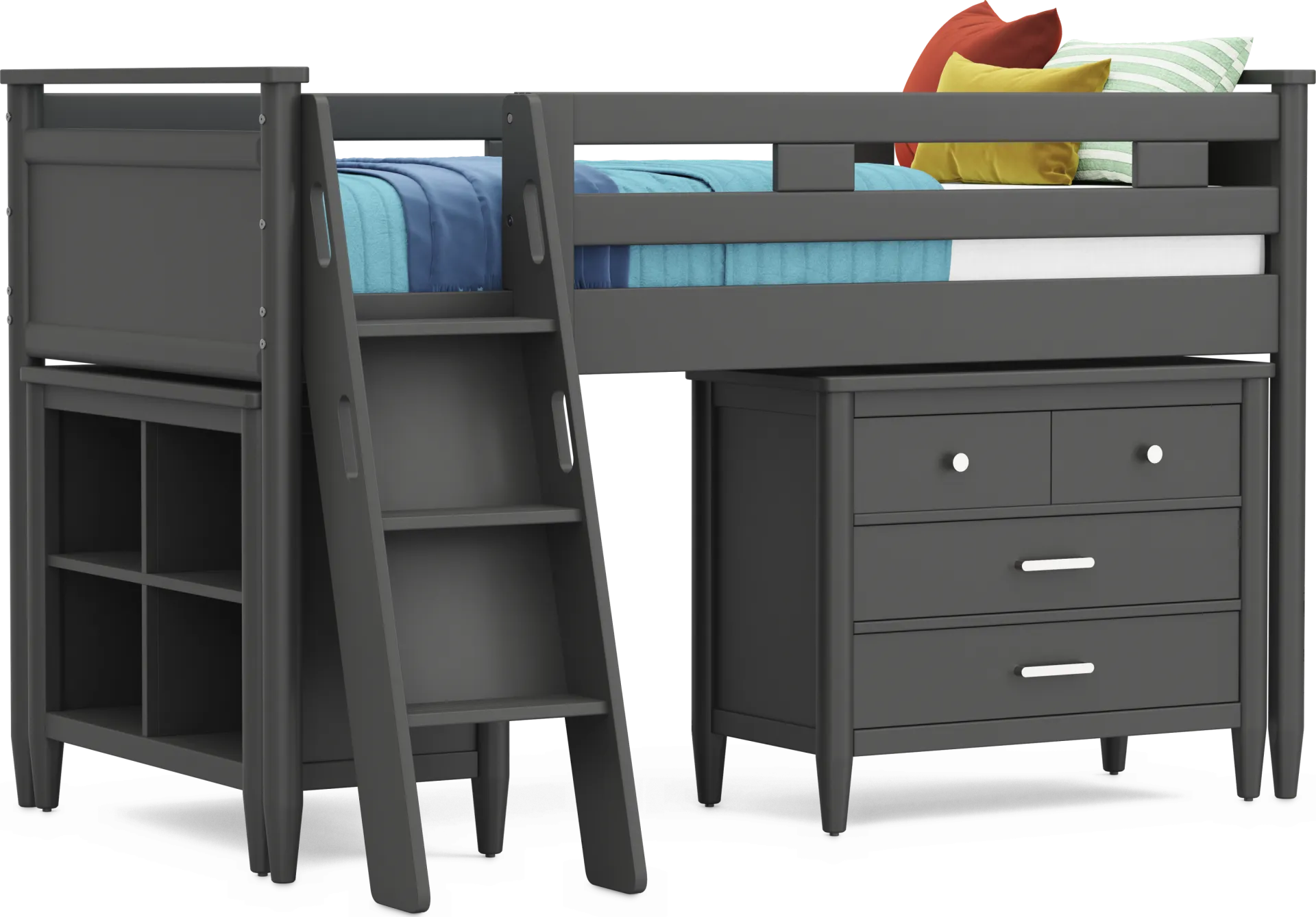 Kids Modern Colors Iron Ore Twin Loft with Loft Chest and Bookcase - Image 1