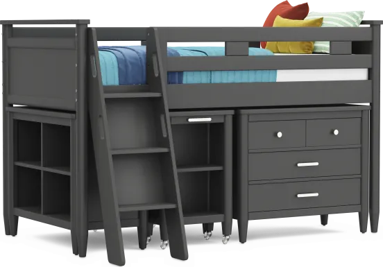 Kids Modern Colors Iron Ore Twin Loft with Loft Chest, Bookcase and Desk