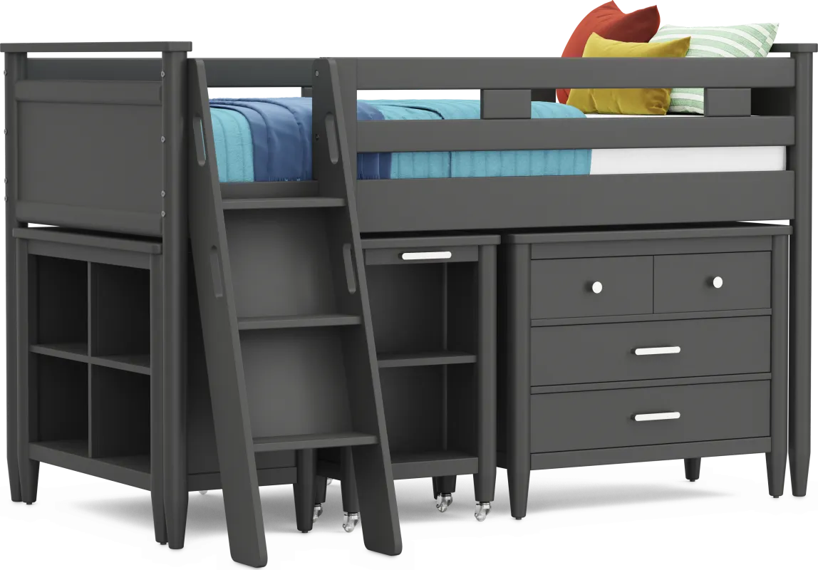 Kids Modern Colors Iron Ore Twin Loft with Loft Chest, Bookcase and Desk