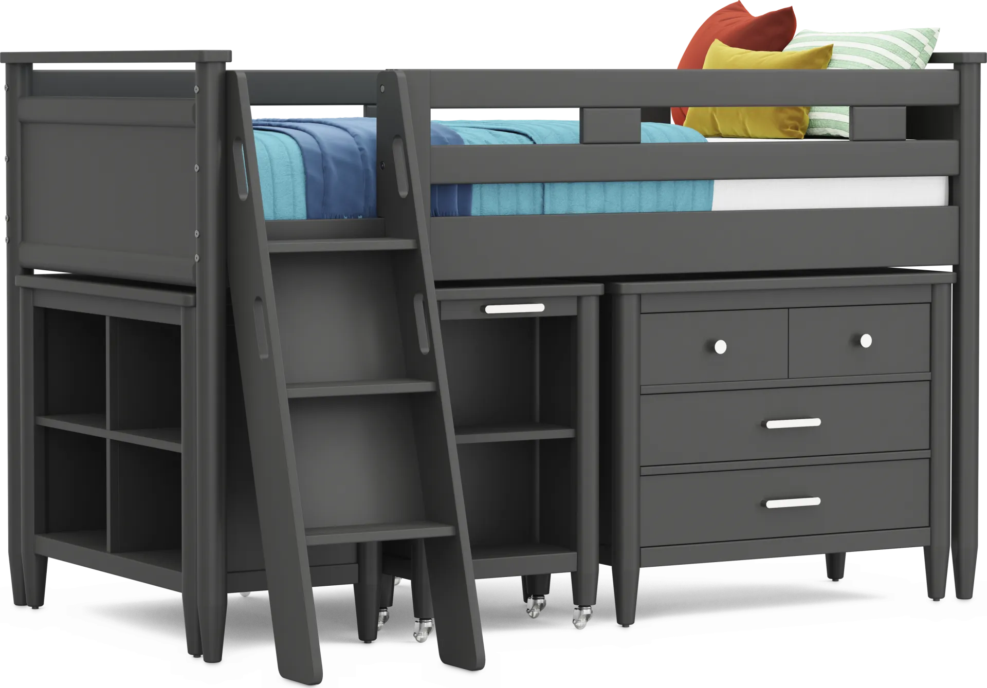 Kids Modern Colors Iron Ore Twin Loft with Loft Chest, Bookcase and Desk - Image 1